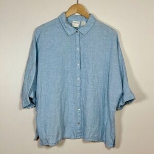 Rachel Zoe Womens Linen Button Front Top L Blue Oversized Boxy Fit Coastal Boho